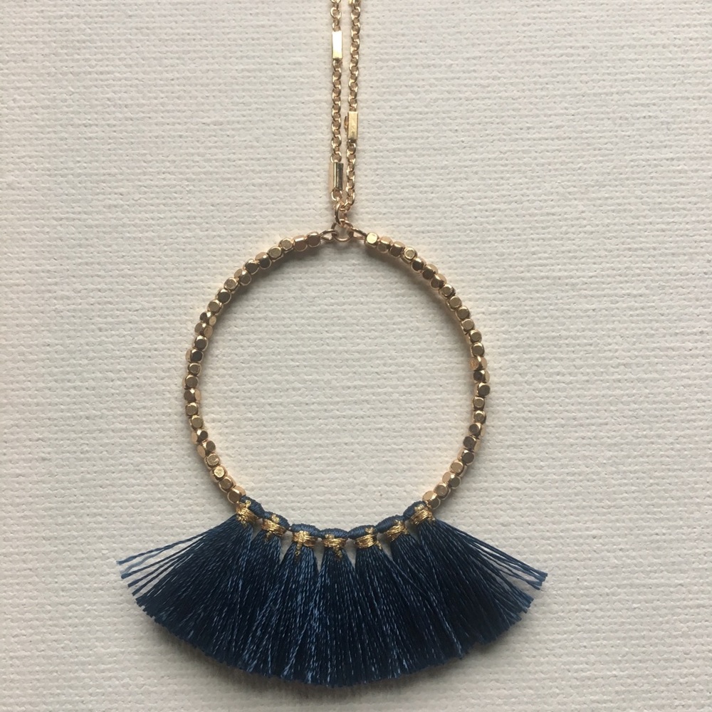 Gold Beaded Hoop Necklace with Fabric Tassels Navy